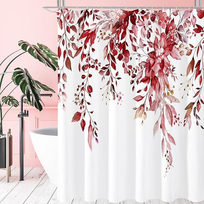 Gibelle Extra Long Shower Curtain 72 x 84, Tall Burgundy Red Floral Shower Curtain for Bathroom, Watercolor Plant Eucalyptus Leaves Fabric Shower Curtain Set - ModernBath