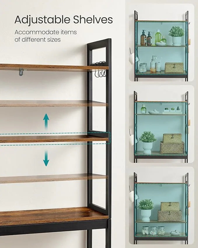 SONGMICS Over-The-Toilet Storage, 3-Tier Bathroom Organizer Over Toilet with Adjustable Shelves, Hooks, Bamboo, Freestanding Space Saver Bathroom Shelves, Rustic Brown and Ink Black UBTS012B01 - ModernBath