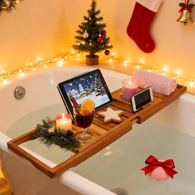 Utoplike Teak Bathtub Caddy Tray Bath Tray for Tub, Unique Bathtub Organizer with Book Tablet Wine Glass Cup Towel Holder, Adjustable, for Your Loved - ModernBath