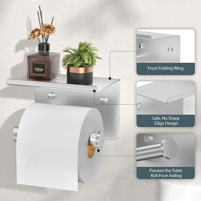 FORIOUS Toilet Paper Holder with Shelf, Adhesive or Screw Wall Mount Toilet Roll Holder for Bathroom, Rustproof 304 Stainless Steel Commercial Toilet Tissue Holder with Storage, Brushed Nickel - ModernBath