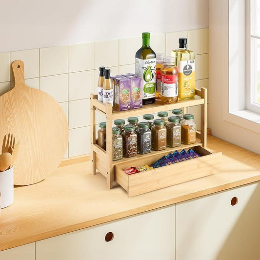 Sorbus Bamboo Bathroom Counter Organizer – 2-Tier Shelf with Hidden Drawer for Vanity, Matcha Station, Bathroom Sink Organizer Countertop, Kitchen & Office Storage (17″ L x 6.5″ W x 12.6″ H) - ModernBath