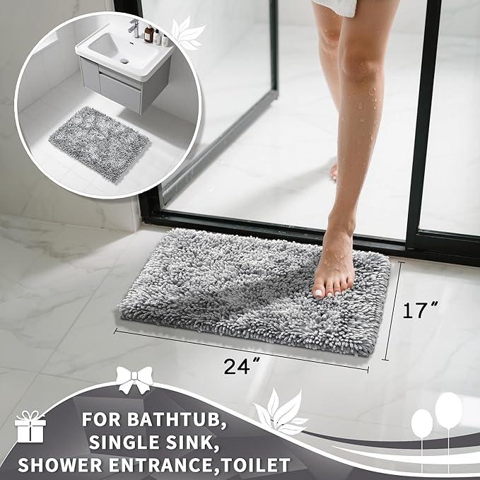 Yimobra Chenille Bathroom Rugs Non Slip, Extra Thick Soft Absorbent Bath Rug, Machine Washable Quick Dry Bath Mat for Bathroom Floor, Tub and Shower, Home Decor Accessories, 24x17, Light Grey - ModernBath