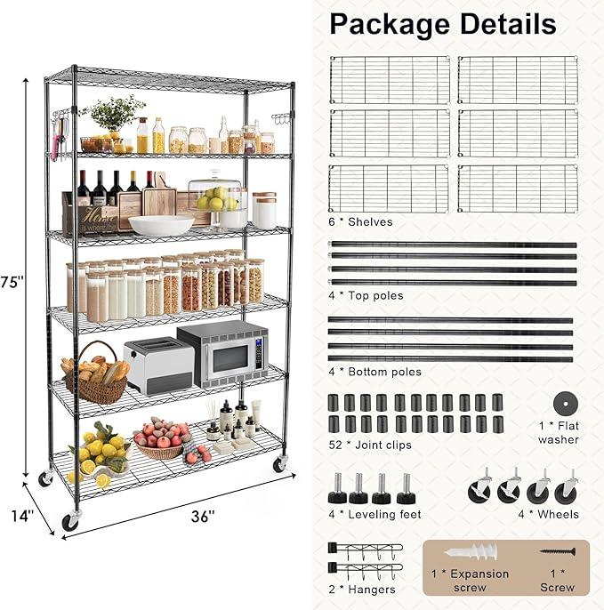 YNN Storage Shelves,2100Lbs 6 Tier Heavy Duty Metal Rolling Shelving Unit with Wheels & 8 Hooks, Adjustable Garage Wire Rack for Kitchen, Bathroom,Industrial,Pantry(36" W x 14" D x 72" H,Black) - ModernBath