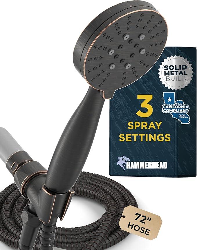HammerHead Showers® Solid METAL 3-Spray Handheld Shower Head with Long Hose and Holder OIL RUBBED BRONZE - WIDE MASSAGE and MIST Sprays - 1.8 GPM Low Flow Handheld Showerhead -Water Saving Shower Head - ModernBath