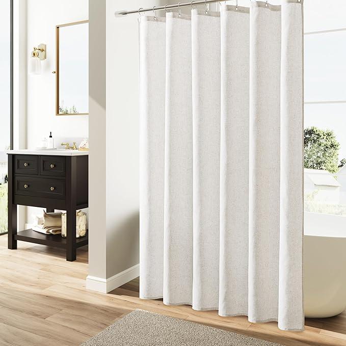 Naturoom 42 Inch Shower Curtain - Stall Narrow Half Linen Ultra Thick Fabric Shower Curtain Set with Hooks, Boho Farmhouse Rustic RV Camper Bath Curtains for Bathroom, Beige White, 42x72 - ModernBath