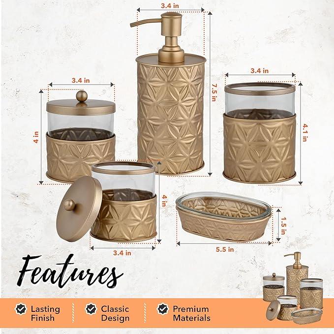 Autumn Alley Brushed Gold Bathroom Accessories Set, 5 Piece Champagne Gold Modern Bathroom Decor - Soap Dispenser, Toothbrush Holder, 2 Apothecary Jars, Soap Holder, Farmhouse Bathroom Décor - ModernBath