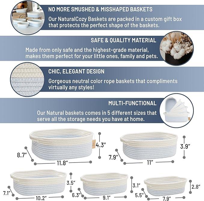 NaturalCozy 5-Piece Rectangle Storage Basket Set- Natural Cotton Rope Woven Baskets for Organizing! Small Basket for Montessori, Baby Nursery, Dog Toy Baskets, Cat Toy Box, Bathroom Organization Bin - ModernBath