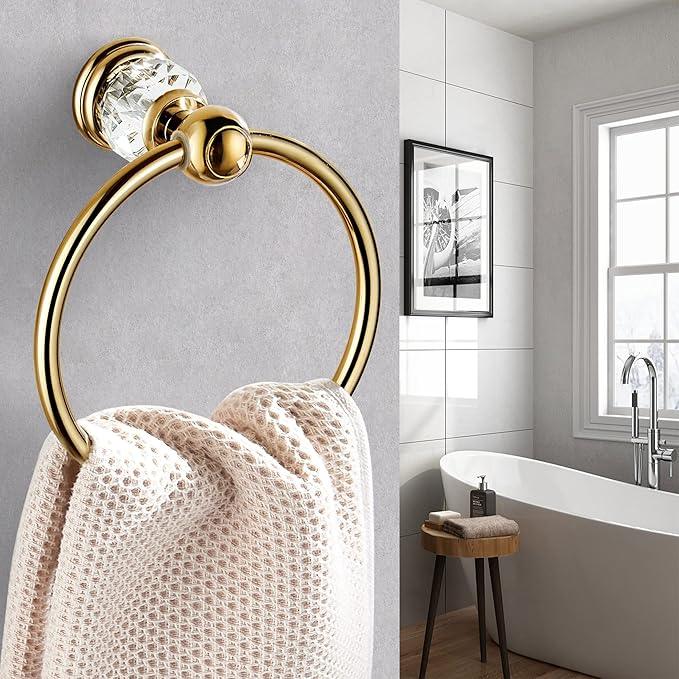 WINCASE Crystal Towel Ring, Gold Towel Holders for Bathrooms, Round Hand Towel Rack Wall Mounted Decorative - ModernBath