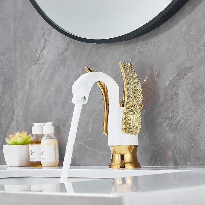 GGStudy Bathroom Faucet White Mixed Gold Swan Single Handle 1 Hole Bathroom Vanity Faucet Basin Tap Deck Mount Lavatory - ModernBath