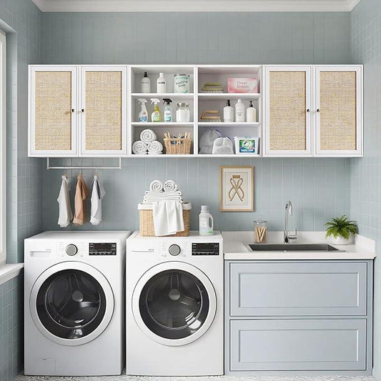 Kitchen Wall Cabinets,78.8" W Rattan Wall Mounted Laundry Cabinets with Adjustable Shelf, Floating Hanging Storage Cabinet for Laundry Room, Bathroom, Kitchen - ModernBath