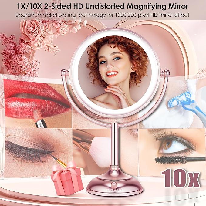 VESAUR Lighted Makeup Mirror Rose Gold Nickel, Double Sided 1X/10X HD Undistorted Magnifying Mirror, 8.5" Vanity Mirror with 3 Colors Dimmable 90 Bright LEDs, 360°Swivel Two Power Supply, Luxury Gifts - ModernBath