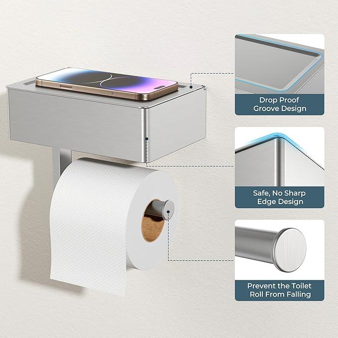 FORIOUS Toilet Paper Holder with Shelf, SUS304 Stainless Steel Wall Mount Toilet Paper Roll Holder, Flushable Wipes Dispenser Fits for Bathroom Wipe Storage, Bathroom Organizer Brushed Nickel - ModernBath