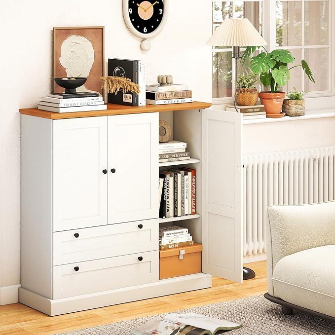 LOKO 47.5” Tall Buffet Cabinet with Storage, Modern Storage Cabinet with 3 Doors & 2 Large Drawers, Farmhouse Kitchen Pantry with Removable Shelf for Dining Room, Living Room, Home Bar - ModernBath