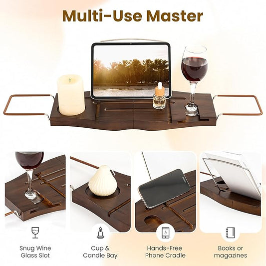 Teak Bathtub Tray Expandable Bathroom Tray for Home Spa Relaxation, Wooden Tray Caddy for Bathtub, Teak Bathtub Caddy as Unique Housewarming, Birthday, Wedding Shower Gifts. Dark Walnut