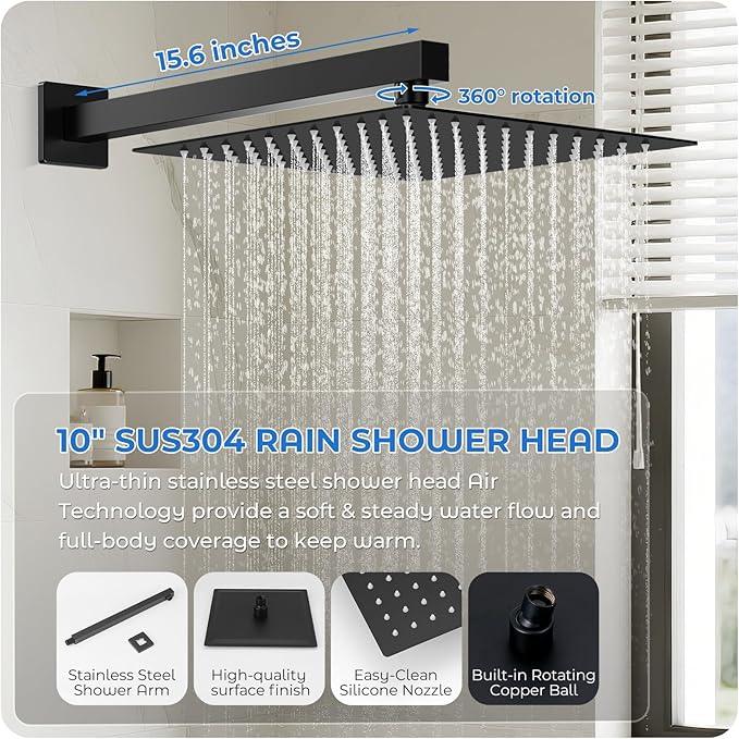 RNDIOZD Black Shower Faucet Set, 10 inch Rain Shower System with Pressure Balance Valve, Wall Mounted 2-Functions Bathroom Shower Systems with Rain Shower and Handheld Spray Shower Trim Included - ModernBath