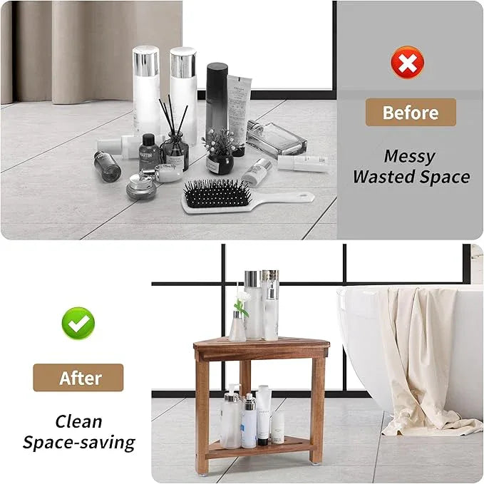 Boulphia Shower Foot Rest 14in, Acacia Wood Shower Stool for Shaving Legs, Waterproof Corner Shower Stool with Storage Shelf for Inside Small Shower Spaces, Wood Color - ModernBath