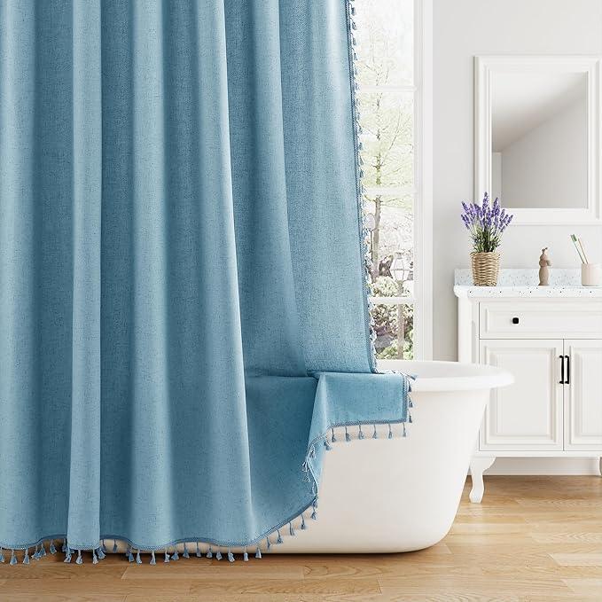 Nanspring Blue Boho Linen Shower Curtain Long Cloth Textured Fabric Shower Curtain Set with Hooks Neutral Modern Aesthetic Vintage Country Tassel Bath Curtain Bathroom Decor Water Repellent 72x78 - ModernBath
