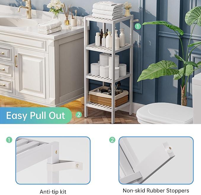 SMIBUY Bathroom Storage Shelf, 4-Tier Bamboo Rack Organizer, Multifunctional Shelving Unit for Living Room Bedroom Kitchen (White) - ModernBath