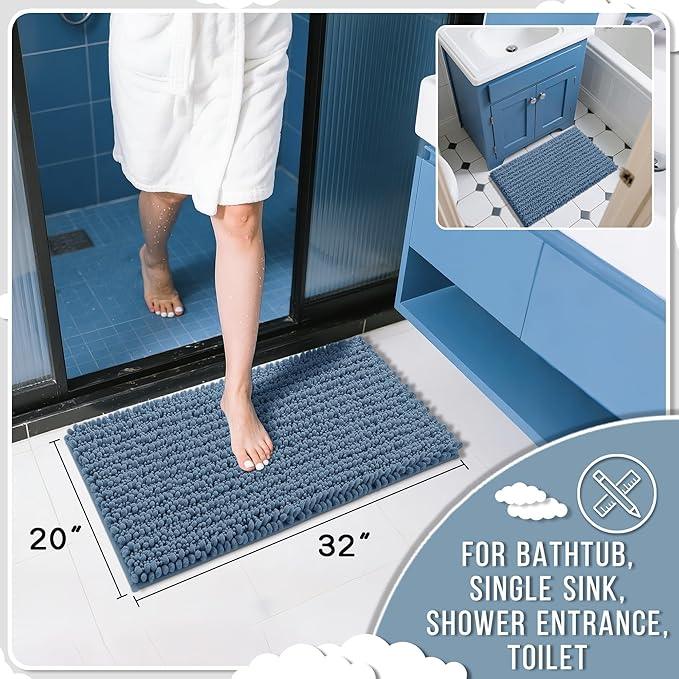 Yimobra Bathroom Rugs Non Slip Washable 32x20 Inch - Ultra Soft Absorbent Chenille Bath Mat, Quick Dry Shaggy Floor Carpet for Tub Shower, Denim Blue Home Decor Accessories - ModernBath