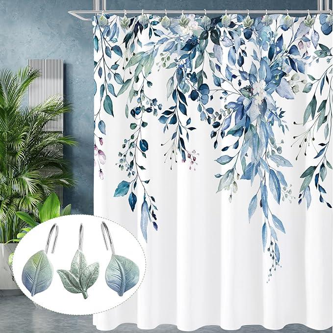 Gibelle 12PCS Leaves Shower Curtain Hooks, Blue Plant Leaf Decorative Shower Curtain Hooks Metal Rustproof Cute Eucalyptus Shower Curtain Rings Bathroom Decoration Accessories - ModernBath