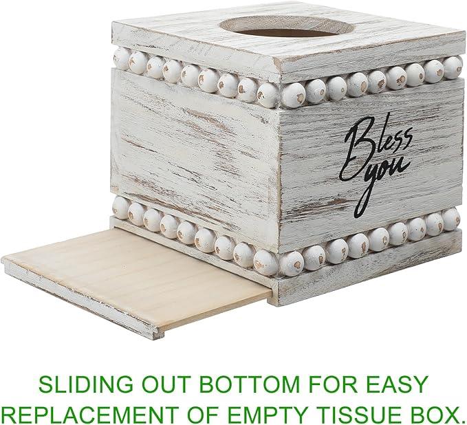 Yiyiring Bless You Beaded Square Tissue Box Cover, Rustic Farmhouse Vintage Wooden Tissue Holder White Box Distressed Napkin Holder for Table Bathroom Decor - ModernBath