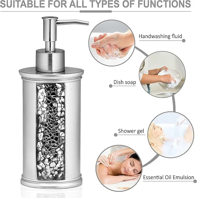 Zahari Home 4pc Sinatra Stylish Bathroom Accessories Set Liquid Soap Dispenser, Tumbler, Tooth Brush Holder and Soap Dish Modern Classic Luxury Decor Bling Mosaic Glass Silver Bathroom Accessories - ModernBath