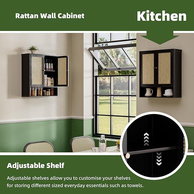 Bathroom Wall Cabinet, Bamboo Over-The-Toilet Storage Organizer with 2 Rattan Doors and Adjustable Shelf, Space Saver Medicine Cabinet for Laundry, Kitchen, Living Room (Black) - ModernBath