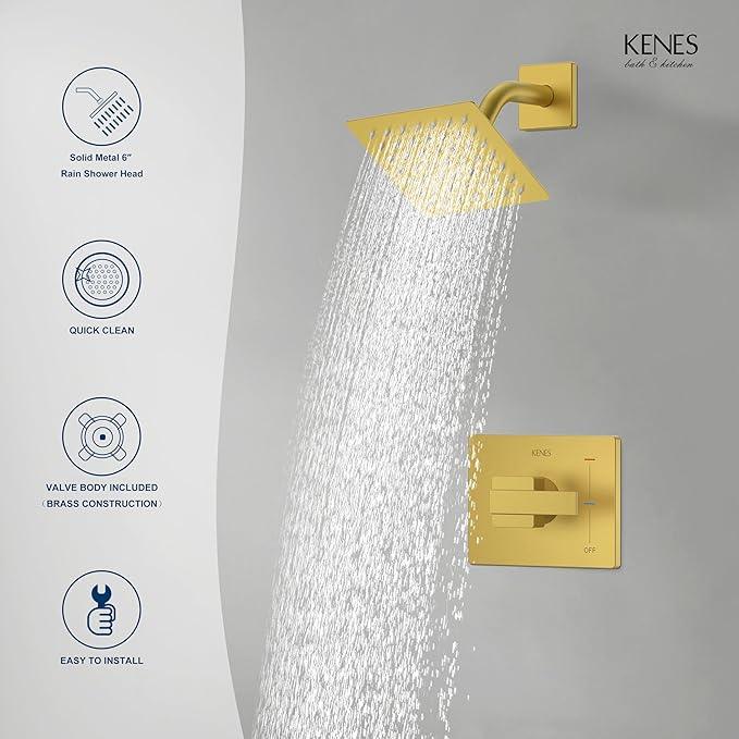 KENES Brushed Gold Shower Faucet, Modern Square 6-Inch Shower Head and Handle Set, Bathroom Rainfall Shower System Wall Mount, KE-6025B-4 (Including Shower Valve) - ModernBath