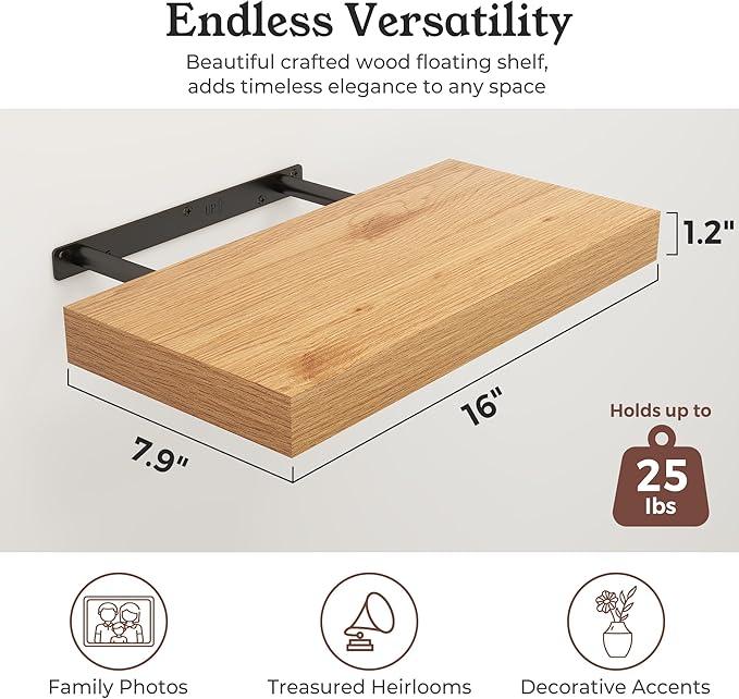 Floating Shelves for Wall, Wall Mounted Rustic Wood Shelves for Bathroom, Bedroom, Living Room, Kitchen, Hanging Shelf for Books/Storage/Room Decor (Oak, 16") - ModernBath