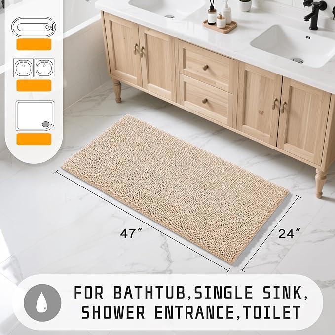 Yimobra Long Bathroom Rugs 47"x24", Extra Soft Non Slip Bath Mat for Tub, Super Absorbent Quick Dry Shaggy Rug Floor Carpet, Machine Washable,Beige - ModernBath