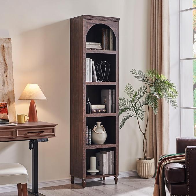 76" Tall Arched Bathroom Storage Cabinet, 5 Tiers Narrow Farmhouse Arched Cabinet w/Adjustable Shelves, Modern Wooden Storage Cabinet for Bathroom, Living Room, Entryway, Study Room (Brown) - ModernBath