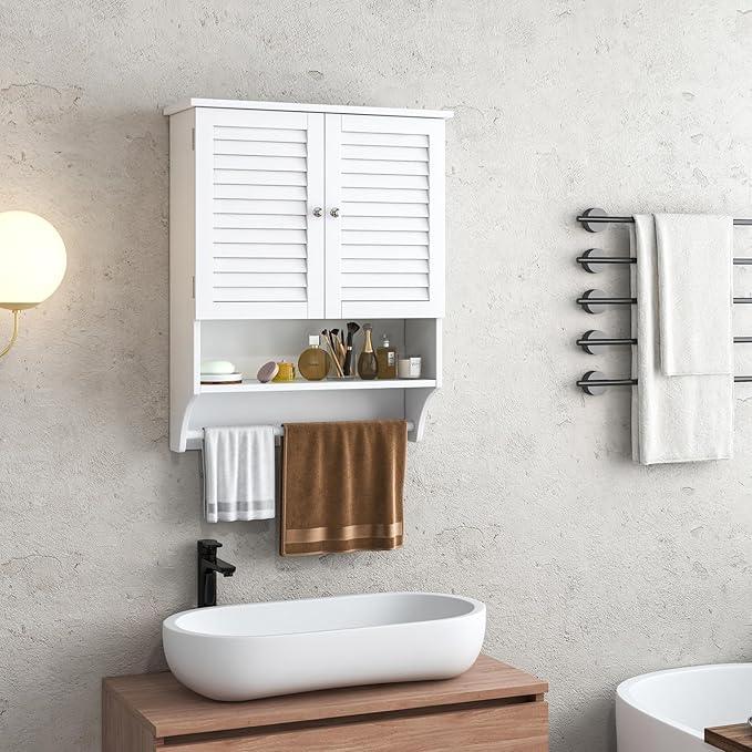 Tangkula Wall Mounted Bathroom Cabinet with Open Shelf & Bar, Medicine Cabinet with Double Louvered Doors, Wall Storage Cabinet with Adjustable Shelf, for Bathroom Living Room Kitchen (White) - ModernBath