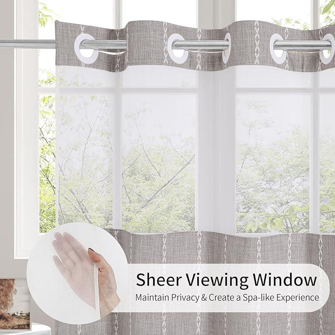 MitoVilla No Hooks Needed Farmhouse Shower Curtain with Snap-in Liner - with Window & Magnets, Boho Cotton Linen Fabric Shower Curtains with Tassels for Rustic Bathroom Decor, Grey Taupe, 72 x 74 - ModernBath