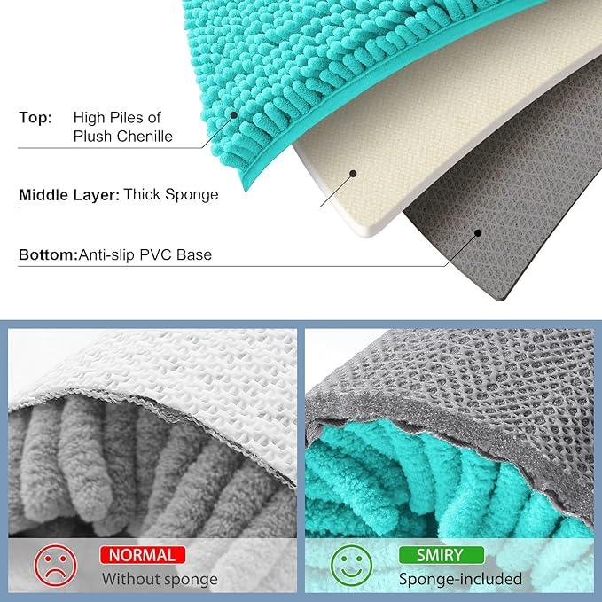 Smiry Luxury Chenille Bathroom Rugs 59x20, Extra Soft and Absorbent Shaggy Bath Mat, Machine Washable, Non-Slip Plush Carpet Runner for Tub, Shower, and Floor, Home Decor Accessories, Turquoise - ModernBath
