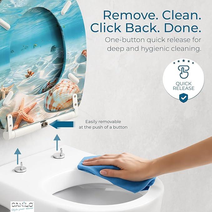 Sanilo Wooden Toilet Seat with Quick Release & Soft Close [ROUND] - Decorative & Slow Close Molded Wood Seat - With One Click for Easy Installation & Cleaning - With Adjustable Fit (Waterworld) - ModernBath
