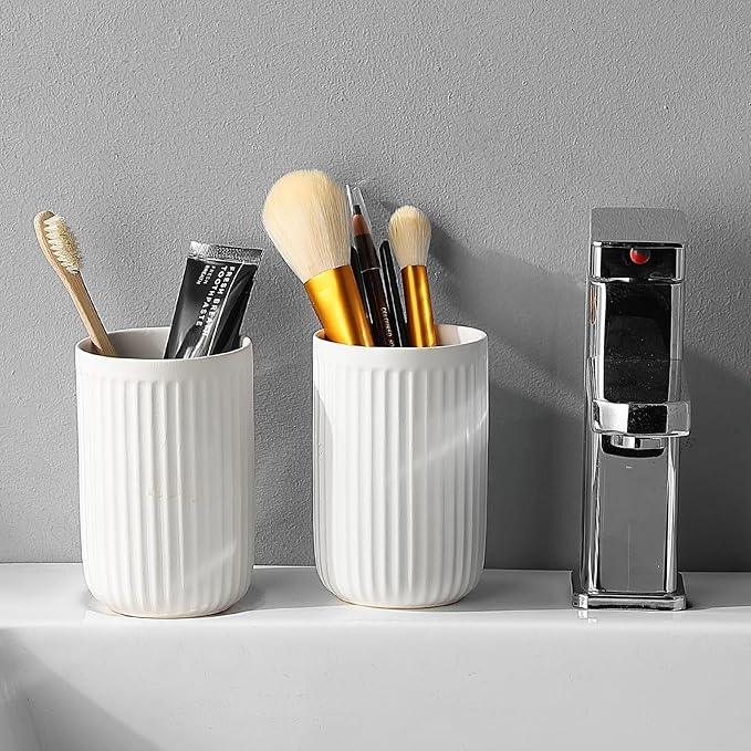 BSDISP White Toothbrush Holders for Bathrooms - 1 Cups Ceramic Toothbrush Toothpaste Holders, White Bathroom Tumbler Cups Reusable Toothbrush Mouthwash Cup, Bathroom Counter Organizer. - ModernBath