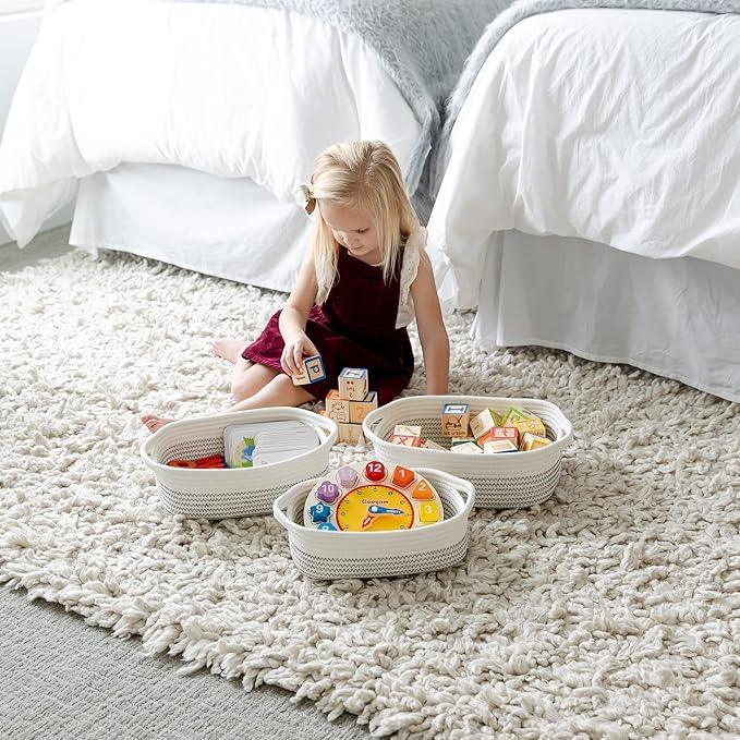 NaturalCozy 5-Piece Rectangle Storage Basket Set- Natural Cotton Rope Woven Baskets for Organizing! Small Basket for Montessori, Baby Nursery, Dog Toy Baskets, Cat Toy Box, Bathroom Organization Bin - ModernBath