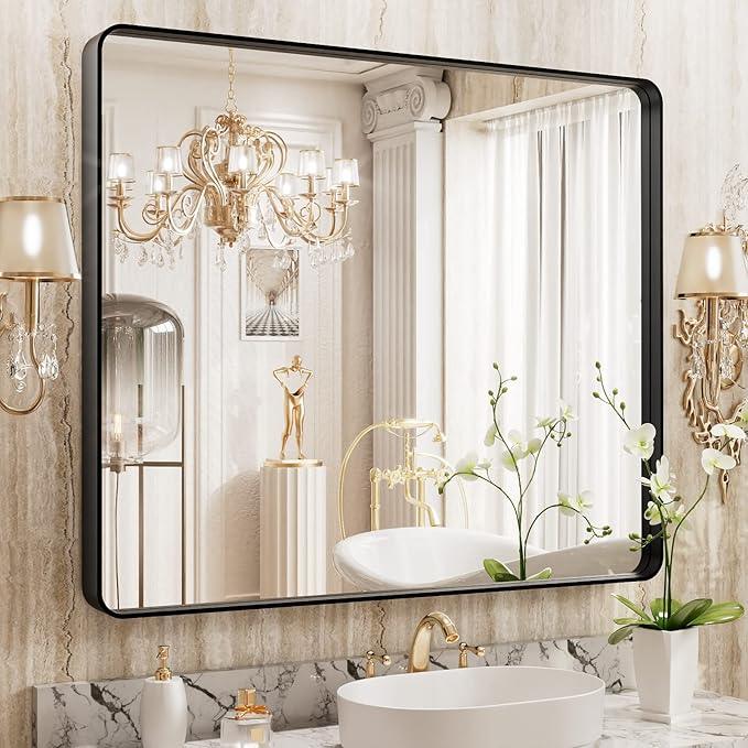 WEER 36X30 Inch Black Metal Framed Bathroom Mirror, Matte Black Bathroom Vanity Mirror, Rectangular Black Wall Mirror for Bathroom, Tempered Glass, Rounded Corner, Hangs Horizontal or Vertical - ModernBath