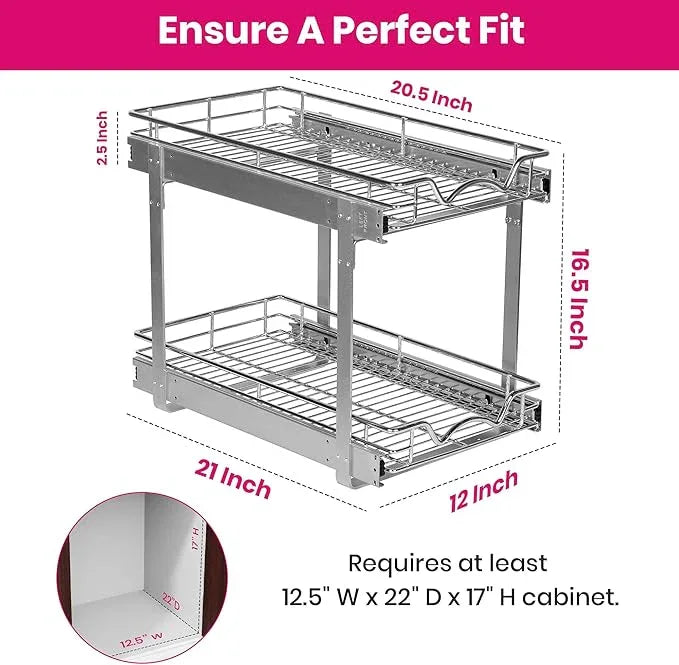 HOLDN’ STORAGE Two Tier Pull Out Cabinet Organizer, Individual Sliding Drawers - Heavy Duty Metal with Lifetime Limited Warranty - Anti Rust Chrome Finish - 12" W x 21”D x 16.5" H - ModernBath