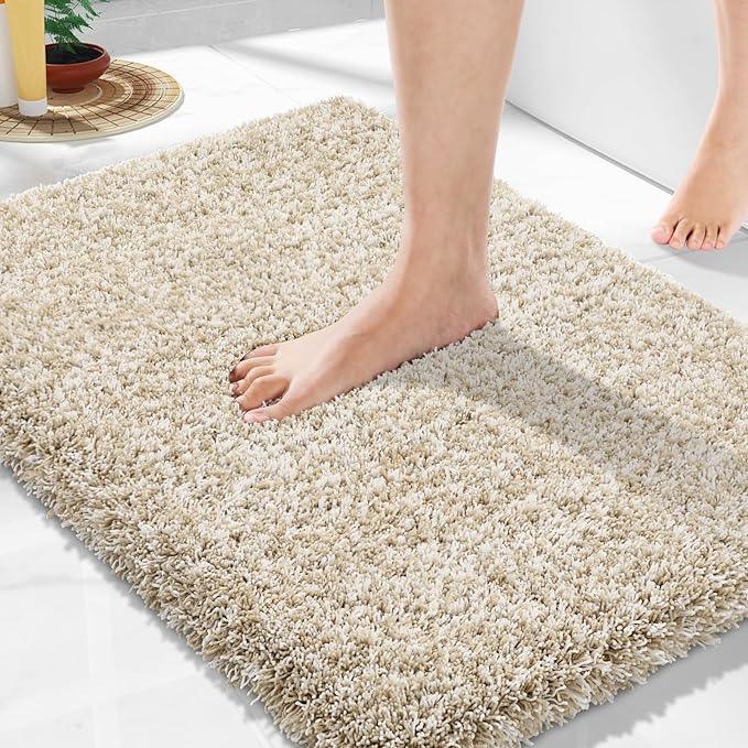 Yimobra Bathroom Rugs Non Slip Washable, Ultra Soft and Water Absorbent Bath Mats, Plush Fluffy Shower Mat Outside, Microfiber Thick Matts for Bathroom Floor/Sink, 24x17, Light Beige and White - ModernBath