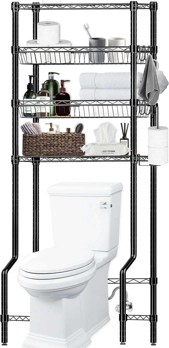 Bathroom Organizer Over The Toilet Storage, 4-Tier Metal Bathroom Over Toilet Storage Shelf Rack Freestanding Space Saver with Adjustable Shelves and Baskets, Black - ModernBath