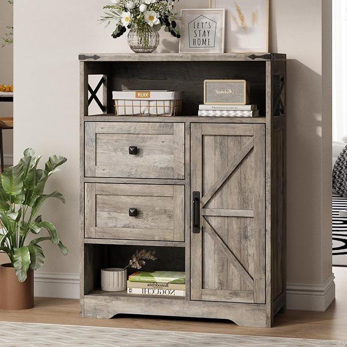 Fameill Farmhouse Storage Cabinet with 2 Drawers & Shelves,Freestanding Kitchen Cabinet with Doors,Floor Storage Organization for Living Room,Bathroom,Laundry,Grey - ModernBath
