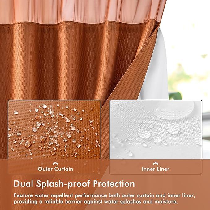 Mrs Awesome No Hook Shower Curtain with Snap-in Liner, Embossed Waffle Design Fabric Shower Curtain for Bathroom, Soft & Lightweight, 71x74, Taerracotta - ModernBath