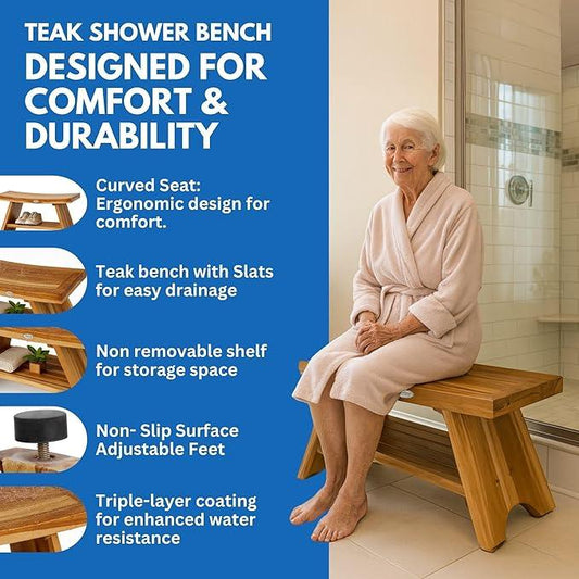 EcoDecors 30 Inch Serenity Teak Shower Bench – Waterproof Bathroom Seat with Large Storage Shelf For Adults & Seniors | Spa-Style Teak Wood Stool with Non-Slip Feet, Elegant Finish, 300 Pound Capacity - ModernBath