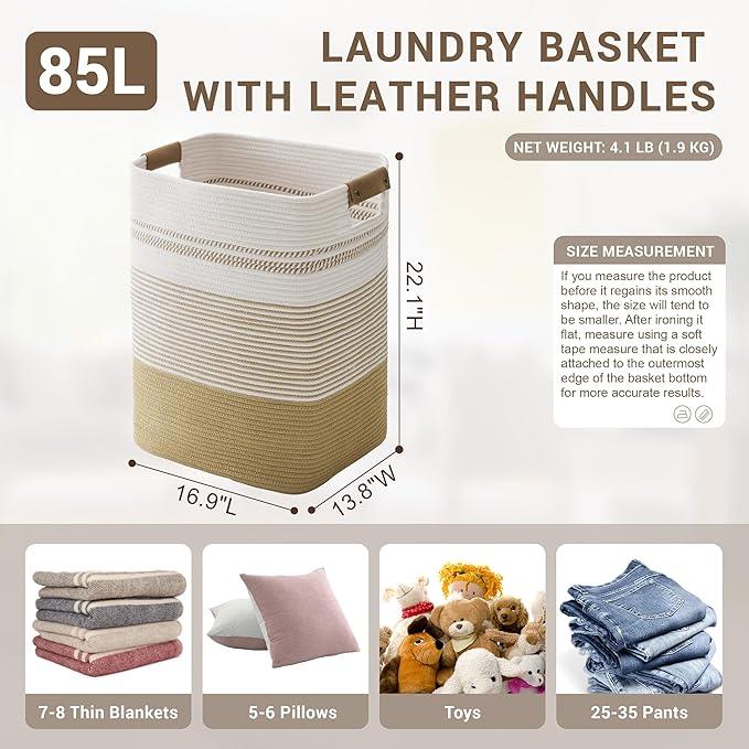 85L Tall Laundry Hamper with Handles for Living Room Storage, Extra Large Woven Rope Baskets Bin for Blanket, Kids Toy, Gifts, Wicker Hamper for Bedroom Dirty Clothes, 17"x14"x22" Khaki - ModernBath