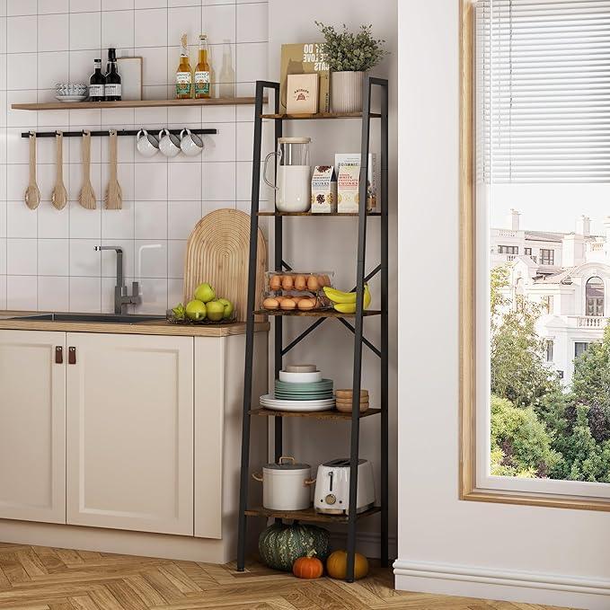 Hoctieon Industrial Ladder Bookshelf, Multifunctional Ladder Shelf, 5-Tier Tall Bookshelf, Open Ladder Shelf Bookcase, for Living Room, Home Office, Kitchen, Bedroom, Metal Frame, Rustic Brown - ModernBath