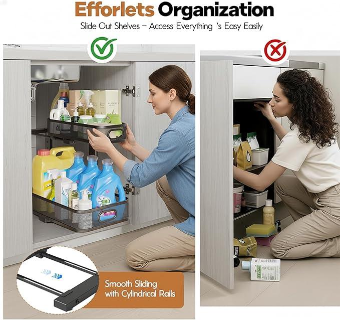 2 Pack Under Sink Organizer, Dual-Layer Pull Out Mesh Cabinet Rack with 5-Level Height Adjustment, Rust-Resistant Sliding Storage for Bathroom & Kitchen, Multi-Purpose 2-Tier Shelf(Black) - ModernBath