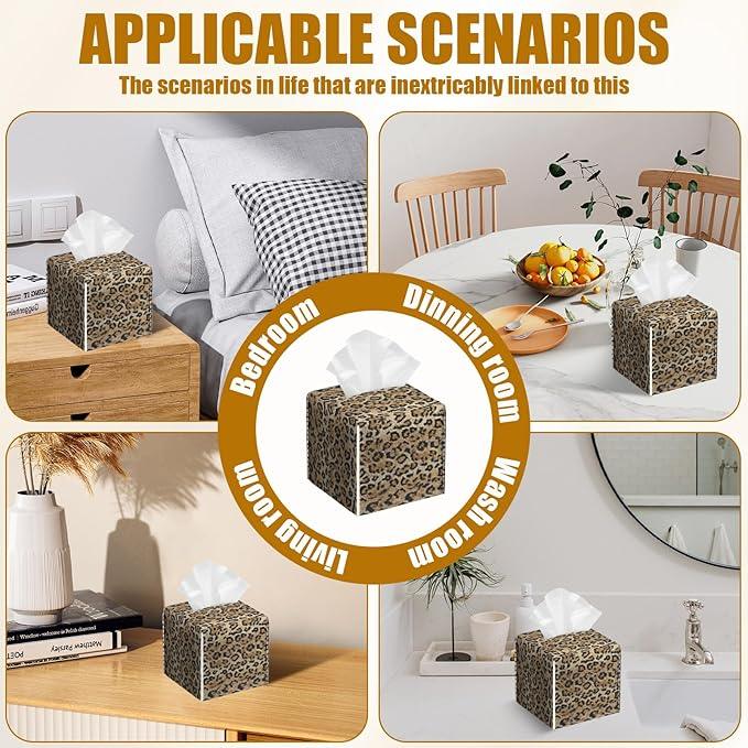 Brown Leopard Tissue Box Cover 2PCS, Leather Tissue Box Holder Square Facial Paper Case Tissue Box Cube Organizer for Bathroom Bedroom Desk Office - ModernBath