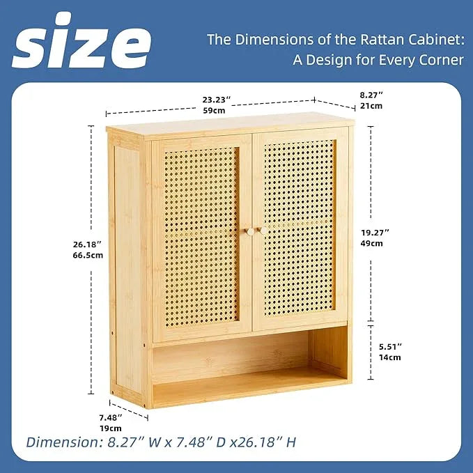 HITNET Bathroom Cabinet Wall Mounted, Rattan Medicine Cabinet, Bamboo Hanging Storage Organizer Over The Toilet with Adjustable Shelf for Living Room, Kitchen, Entryway (Natural) - ModernBath
