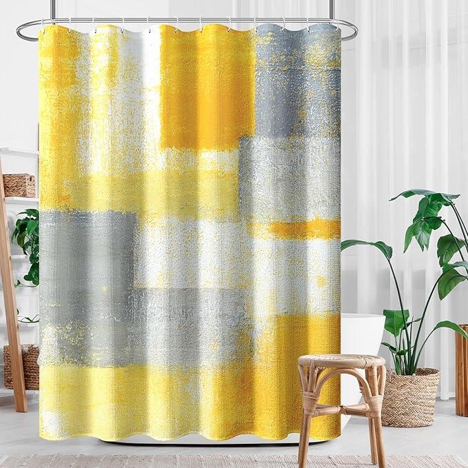 Culudea Grey Yellow Painting Shower Curtain Set, Gray Contemporary Abstract Bathroom Window Waterproof Shower Curtain Set for Bathroom Decor - ModernBath